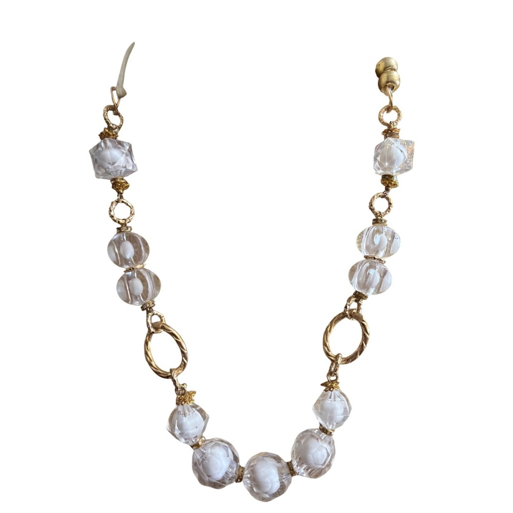 Vintage Style Clear Acrylic Bead Gold Tone Statement Necklace Adjustable‎ Cord